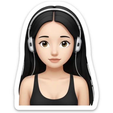 a fair girl with straight black long hair, wearing a black cami top. and wearing silver airpods max headphones on sticker