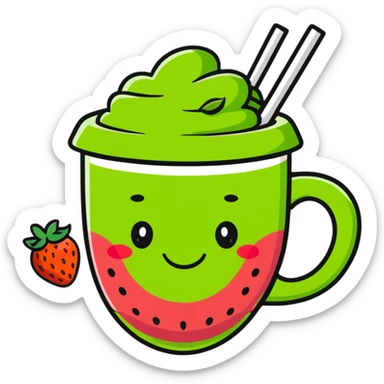 cute cartoon strawberry green tea in a cup with a smiling face sticker