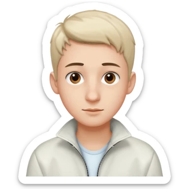 teenage man with very short gradient hair, brown eyes and long lashes, big nose and he is wear a white jacket sticker