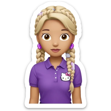 hello kitty wearing purple polo shirt and kyaki pants with long fishtail braids baddie sticker