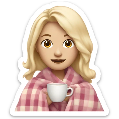 A pale blonde girl covered in a plaid light pink blanket sipping tea sticker