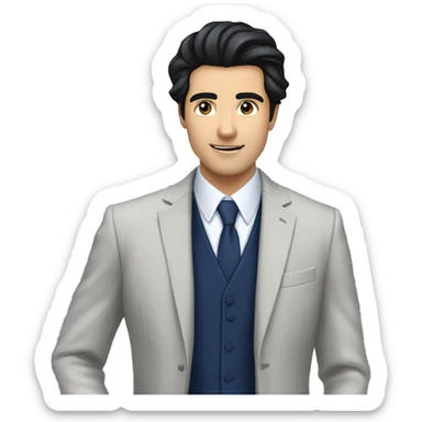 Handsome male, black hair, wearing dark blue suits, Background with buildings, white skin, pampadour cut sticker