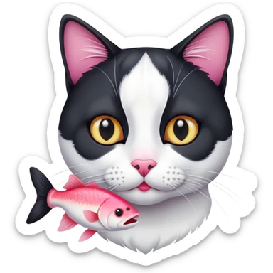 A black and white cat is fed fish sticker