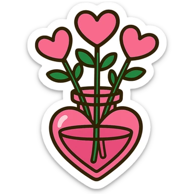 glass vase shaped like a pink heart, holding pink heart-shaped flowers, vibrant cartoon style sticker