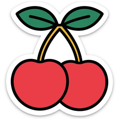 Two cherries with golden stems connected, paired with dark green leaves sticker