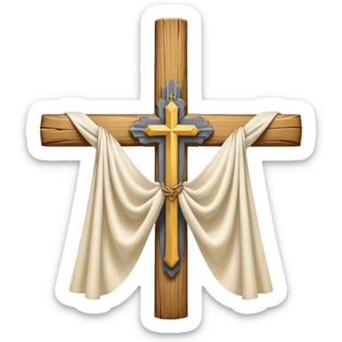 Cross made of wood, the top of the tip of the cross, a golden cross, and a white cloth hanging over the two arms of the cross sticker