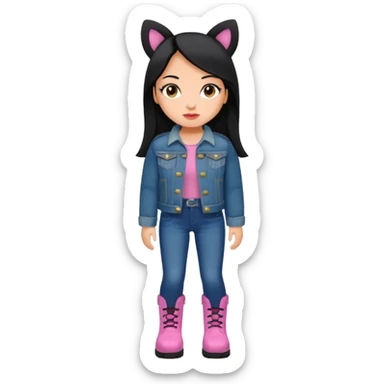Gordita, ojos pequeños de color cafe oscuro, labios pequeños y rosados, piel trigueña, orejas pequeñas, cabello largo lazio y negro, pequeña. cuerpo completo. vestida con saco jean y botas sticker