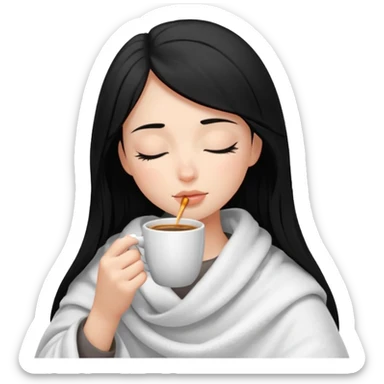 black haired girl inside a white blanket sipping coffee with eyes closed and lashes sticker