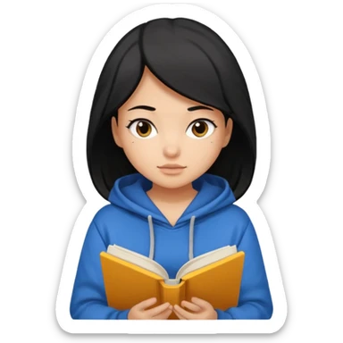 I want a girl emoji black hair and medium skin tone reading book wearing hoddie sticker