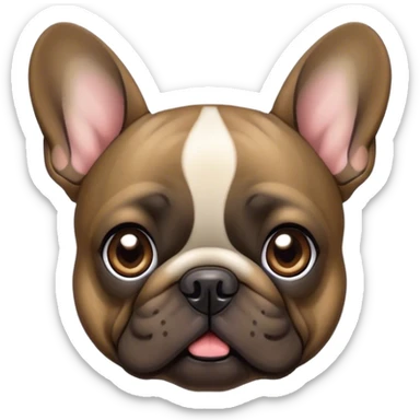 Cinematic Comical Brindle French Bulldog Portrait Emoji, Head tilted dramatically with an exaggeratedly amused expression, featuring a striking brindle coat with bold fawn highlights, wide, expressive dark eyes filled with playful disbelief, Simplified yet hilariously expressive features, highly detailed, glowing with a slightly sassy glow, high shine, dramatic yet playful, stylized with an air of cheeky mischief, bright and endearing, soft glowing outline, capturing the essence of a spirited and over-the-top companion, so meme-worthy it feels like it could side-eye its way into internet fame instantly! sticker