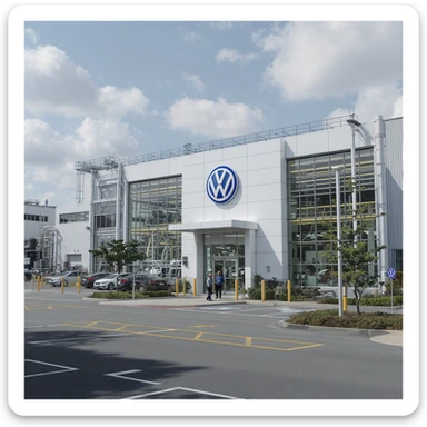 Realistic Volkswagen factory exterior, large industrial building with Volkswagen logo, parking lots filled with cars, factory grounds with machinery and equipment, realistic lighting and shadows, industrial atmosphere, workers in uniforms walking around sticker