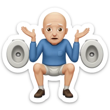 A bald person who’s very old is staring, he’s inside a toilet and his head is upright and looking at the camera with very wide eyes and his hands are putting pressure on his head, very scared expression and he’s shaking his butt sticker