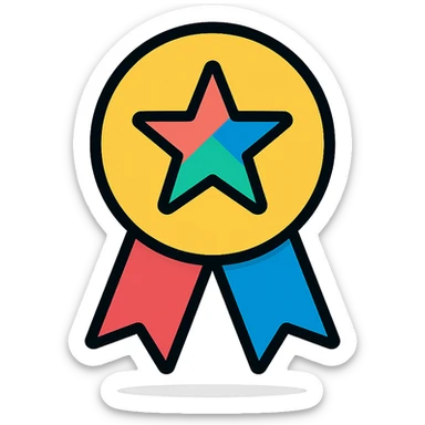 vector icon of a trending icon with gold and colorful elements, elegant and minimalist flat design, isolated on white background, award badge style, 2D flat vector, trending icon look, soft shadows, no text, perfect for commercial use, icon style sticker