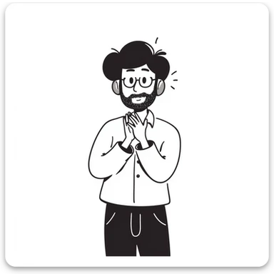 Anime style man with black hair, brown eyes, and black beard wearing gaming headset and clapping in celebration, anime art style sticker