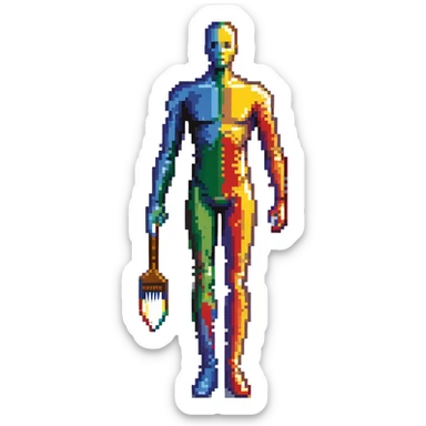 A paintbrush transforming into a metallic human silhouette, symbol of artistic identity sticker