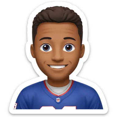 Black smiling man with blue eyes in a NY giants jersey sticker