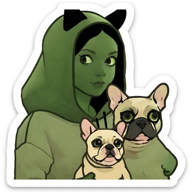 A brown haired girl wearing a beige hoodie is holding two French bulldogs, one beige and one black sticker