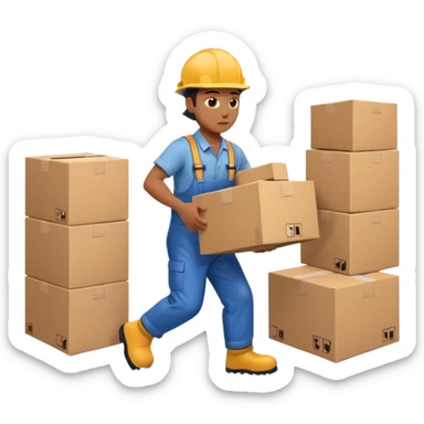 Animación educativa sobre un accidente laboral en un entorno industrial. Un trabajador de fábrica, con casco pero sin otros elementos de protección personal, resbala en un piso mojado y cae al suelo mientras transporta una caja. sticker