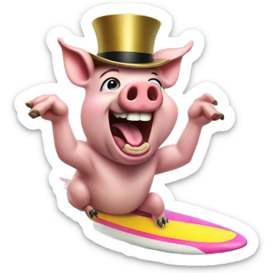 a pig happy screaming while on a surf board on a rainbow with a top hat sticker