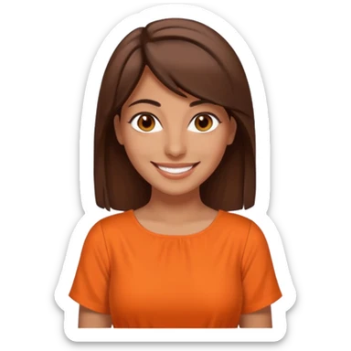 30 yr old middle eastern woman straight brown hair side bangs big smile tanned skin brown eyes orange dress sticker