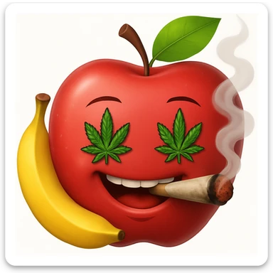 Add a cartoon joint with smoke to the smiley face made of apples as eyes and a banana as the mouth. Make it look like the face is smoking weed, keep the emoji style. sticker