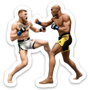 An MMA showdown between Conor McGregor and Anderson Silva in the octagon. McGregor is executing a powerful jumping strike, while Silva is expertly blocking the attack with his forearm. The background features the UFC octagon, fans in the distance, and dynamic action. Transparent background sticker