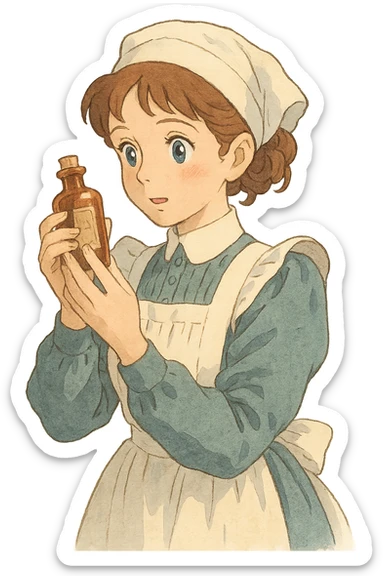 victorian nurse holding a medicine bottle sticker