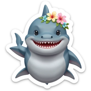 A cute chubby shark with hawaii pastel flower necklace and hawaiian flower crown, posing proudly. sticker