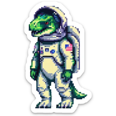 pixel art t-rex astronaut with a space helmet sticker
