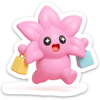 pastel magenta lily flower with sparkling eyes and open mouth, jumping with joy while holding shopping bags, round and bouncy, vinyl figure style sticker