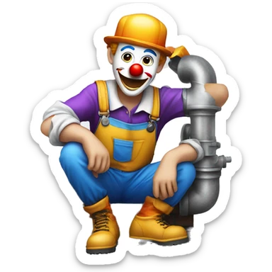 clown face emoji as a plumber sitting and fixing pipe sticker