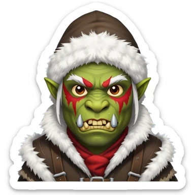 Fantasy Christmas orc raider icon, winter bandit style, fur hood, aggressive cunning expression, snowy action mood, clean emoji portrait style, male/female variant
 sticker