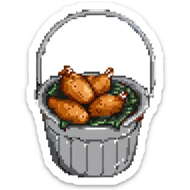 fried chicken much bigger than the silver steel bucket, slightly angled side perspective sticker