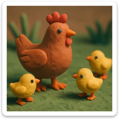 hen and chicks walking in grass, soft lighting, hand-molded details sticker