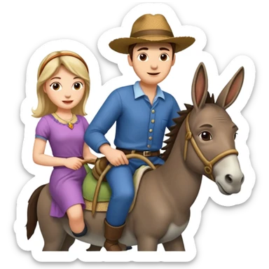 a lady on a donkey while the man is walking alongside the donkey sticker