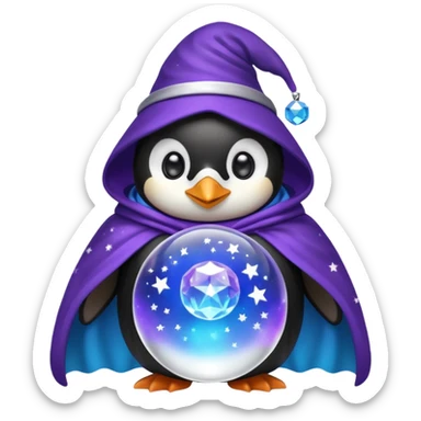 A penguin wizard with a starry cloak and a crystal ball sticker