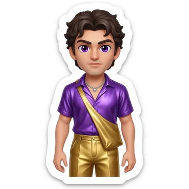 Dionysus from Greek Mythology with purple eyes, dark brown hair, purple metallic shirt, gold metallic baggy pants, silver necklace sticker