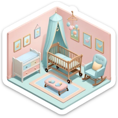 isometric baby room, Nursery with pastel walls and hanging mobile sticker