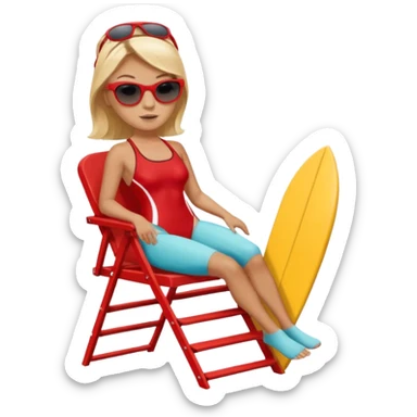Female lifeguard – red swimsuit, sunglasses, sitting on tall lifeguard chair. sticker