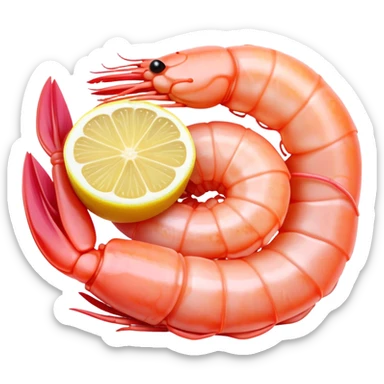 Cinematic glistening shrimp, pink and juicy, slightly curled with a light char, served with lemon wedges, ultra-detailed and fresh, warm glowing background. sticker