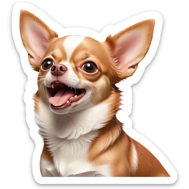 Cinematic Cute Yawning Red/White Short Haired Chihuahua Portrait Emoji, Head tilted slightly with a dramatic, wide-open yawn, soft red and white fur with a smooth texture, floppy ears slightly drooping, round dark eyes barely open in drowsy contentment, Simplified yet irresistibly adorable features, highly detailed, glowing with a soft, cozy glow, high shine, relaxed yet expressive, stylized with a touch of whimsy, bright and endearing, soft glowing outline, capturing the essence of a sleepy yet affectionate pup, so drowsy it feels like it could stretch right out of the screen and curl up for a nap! sticker