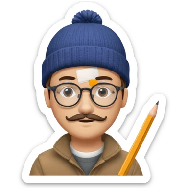 A creative young man with a pencil, glasses and a beanie. He holds a pen in his hand. He has a slight moustache and bit of a beard sticker