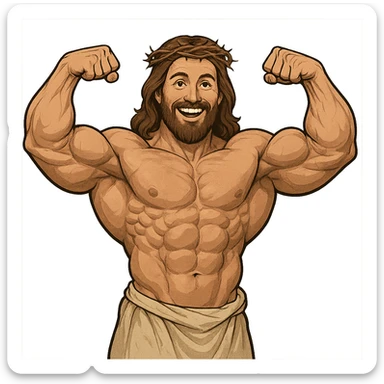 Strong, muscular Jesus, cheerful expression, bodybuilder build sticker