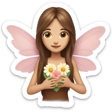 Fairy, long brown hair, wings, flowers, heart eyes, hands holding heart sticker