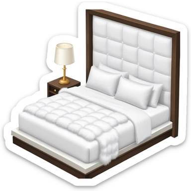 All white luxury hotel bed with puffy white duvet and white faux fur throw blanket, isometric sticker