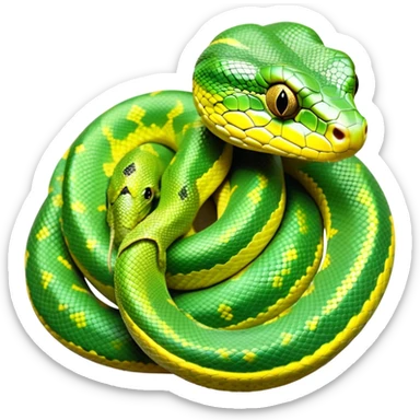 cinematic-green tree python-realistic-full-body-coiled-emoji,-thick-scaled-body-looped-tightly,-intricate-tellow and green-patterned-scales-reflecting-light,-head-tilted-dramatically,-slitted-eyes-staring-calmly,-simplified-yet-realistic-focused-feature sticker