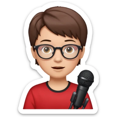 singer, Old, brown short hair, holding mic, red shirt glasses sticker