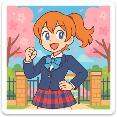 cheerful anime schoolgirl with orange hair, blue eyes, school uniform, spring cherry blossoms, confident pose, lively school gate background, Love Live! style sticker