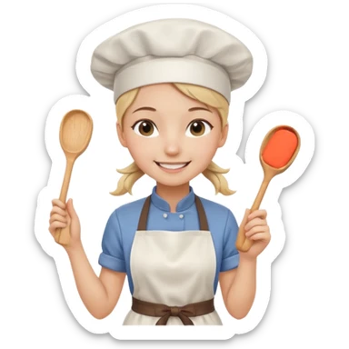 Young female pastry chef - single ponytail, apron, wearing a white hat, holding a rolling pin sticker