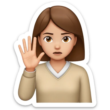 girl looking annoyed, palm raised to signal stop sticker